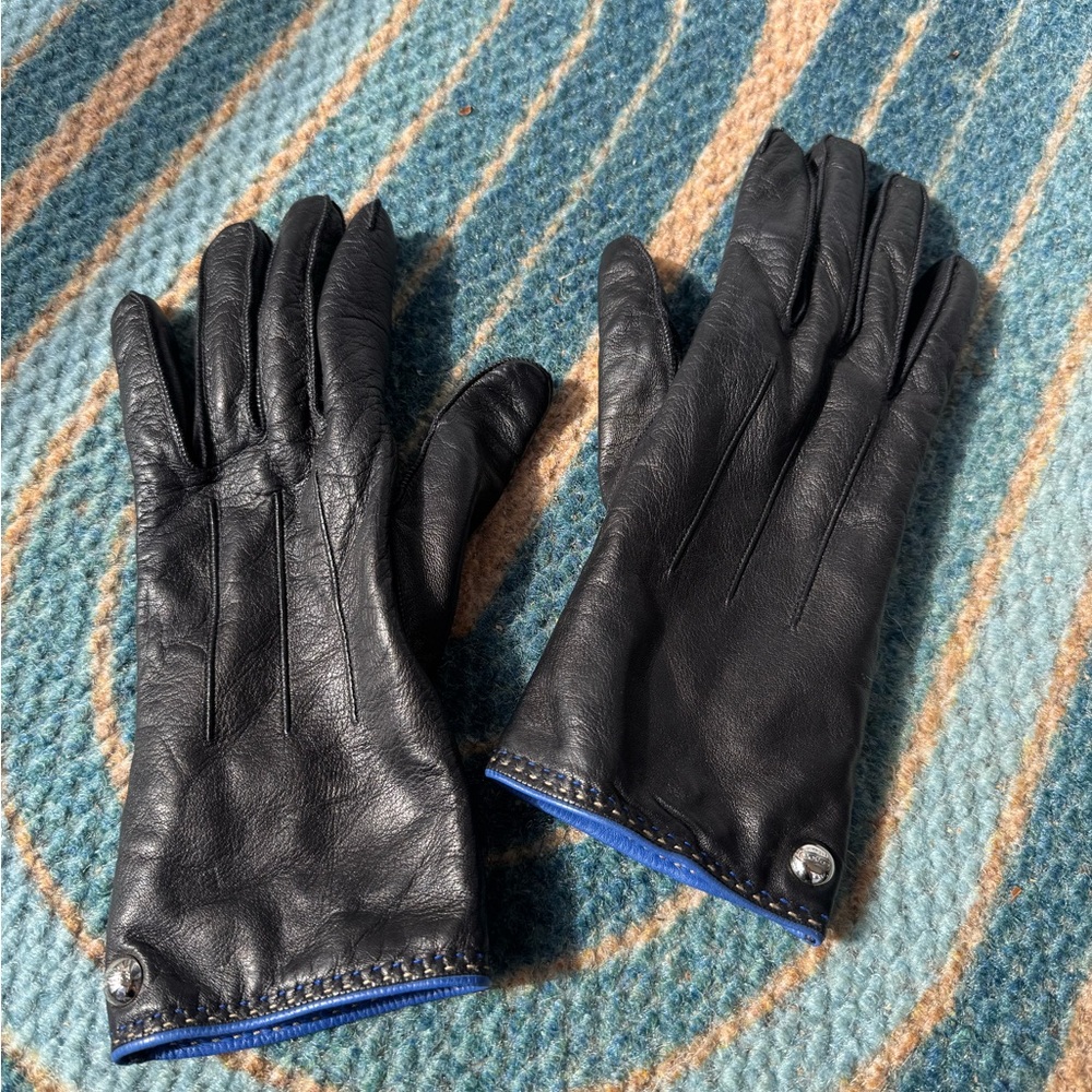 Coach Black Leather Gloves with Cashmere Lining & Blue Trim size 7.5